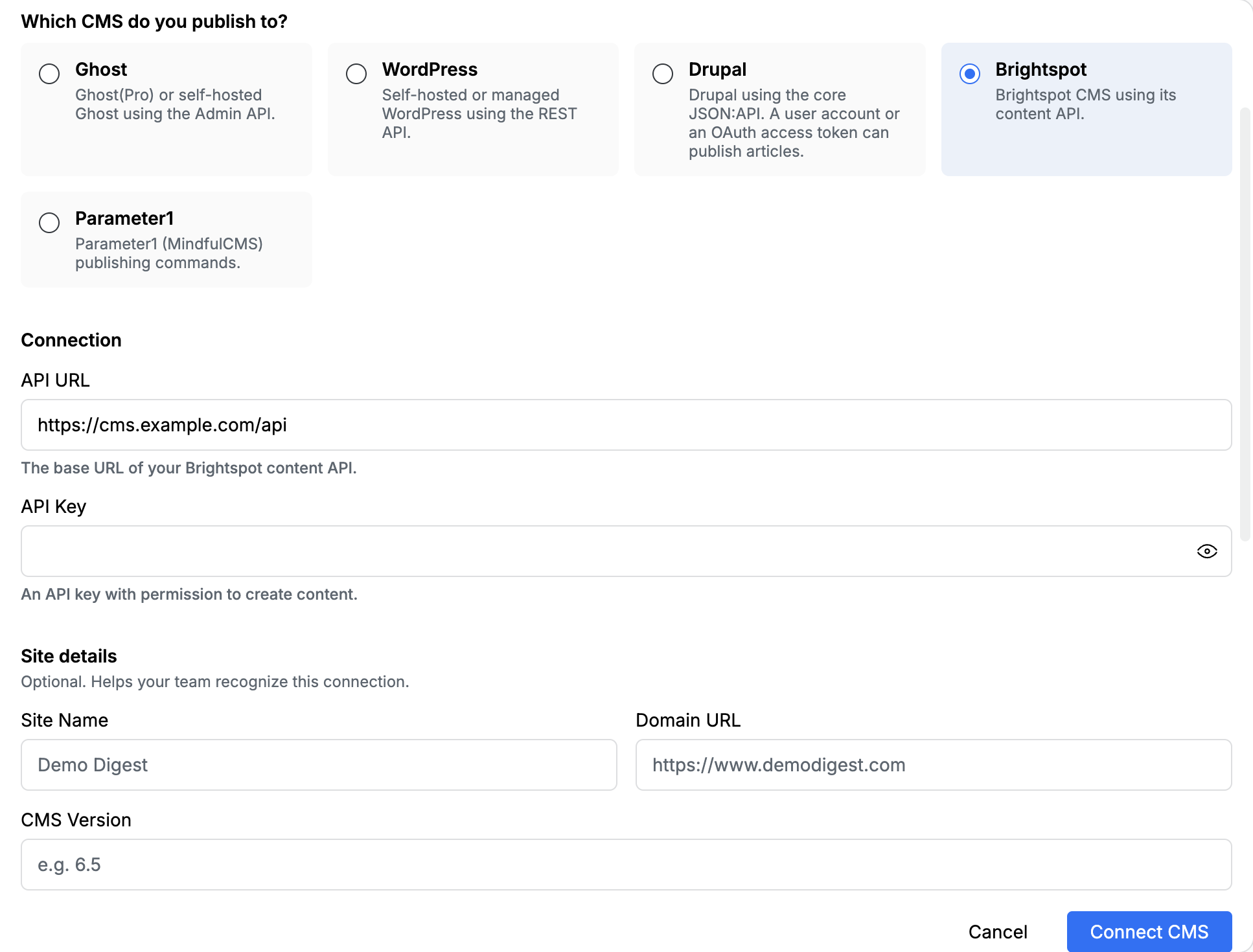 Brightspot selected with the content API URL and API Key fields, plus optional site details