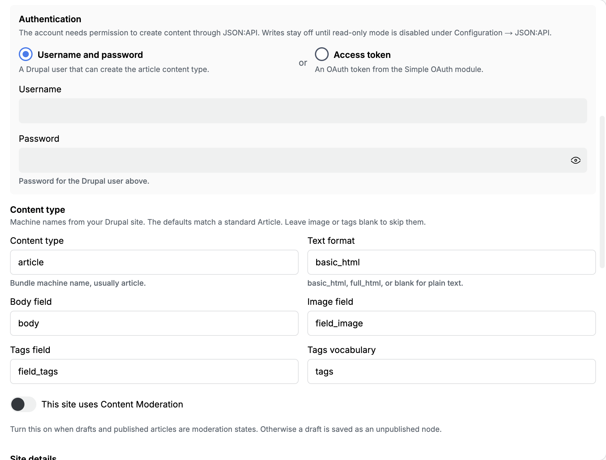 Drupal username and password fields, then content type article, text format basic_html, and body field
