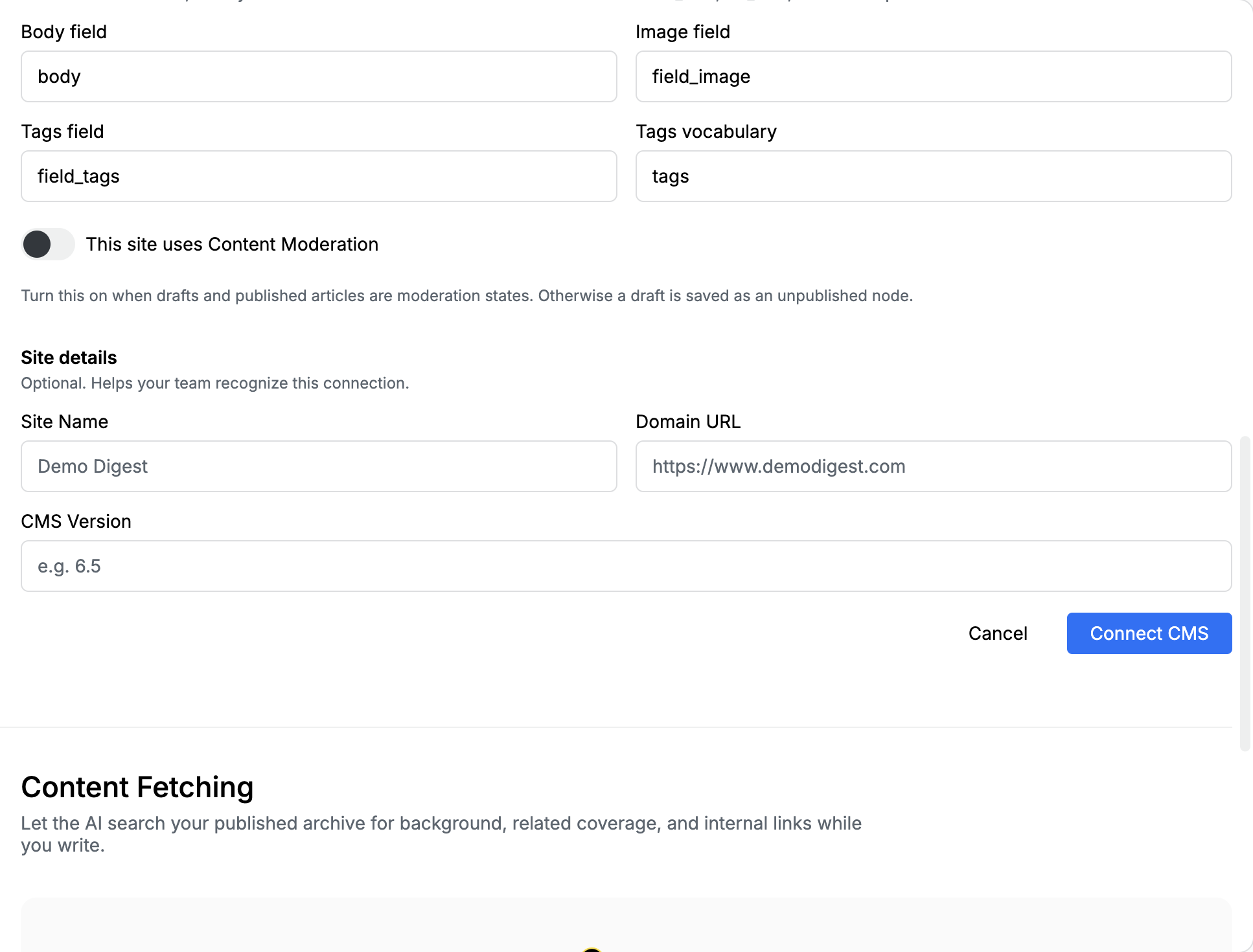 Drupal image field, tags field, tags vocabulary, Content Moderation toggle, and optional site details