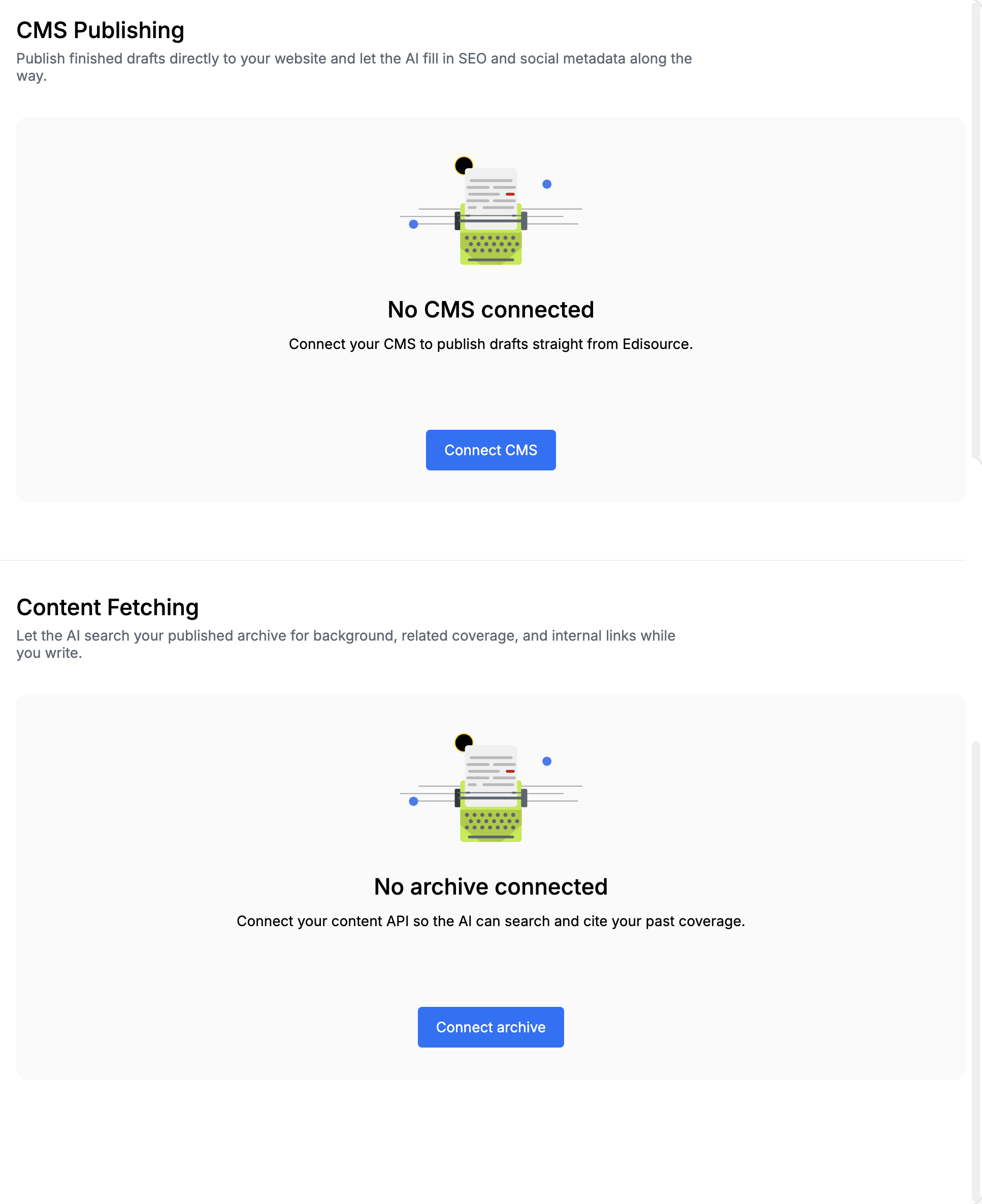 CMS Publishing and Content Fetching empty states when no connection is saved