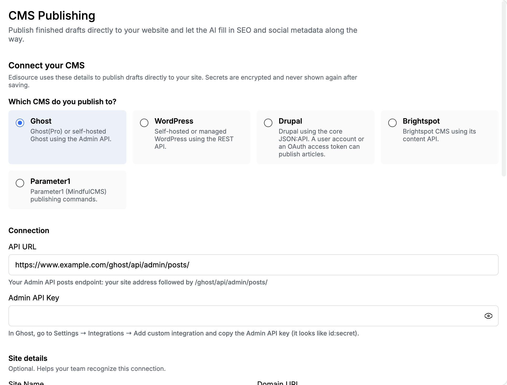 Ghost selected on Connect your CMS, with API URL set to the Admin posts endpoint and an empty Admin API Key field