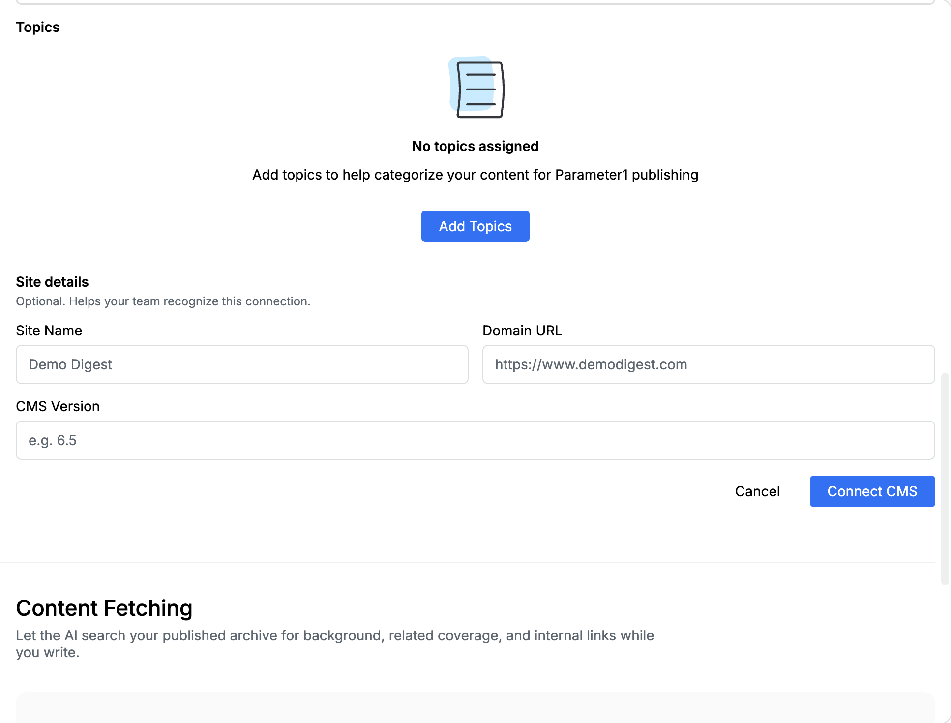 Parameter1 topics empty state with Add Topics, plus optional Site Name, Domain URL, and CMS Version