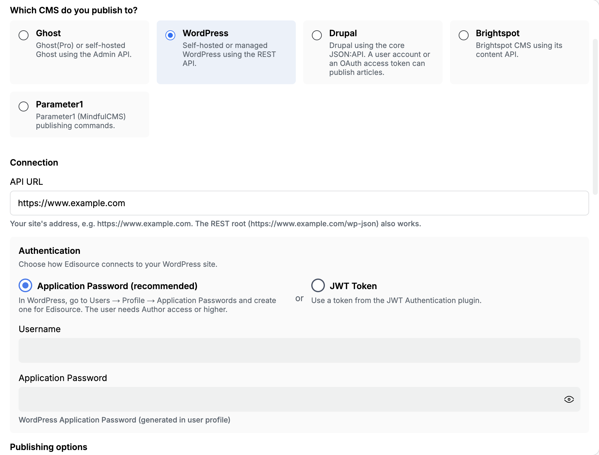 WordPress selected with the site URL, Application Password auth, username, and application password fields