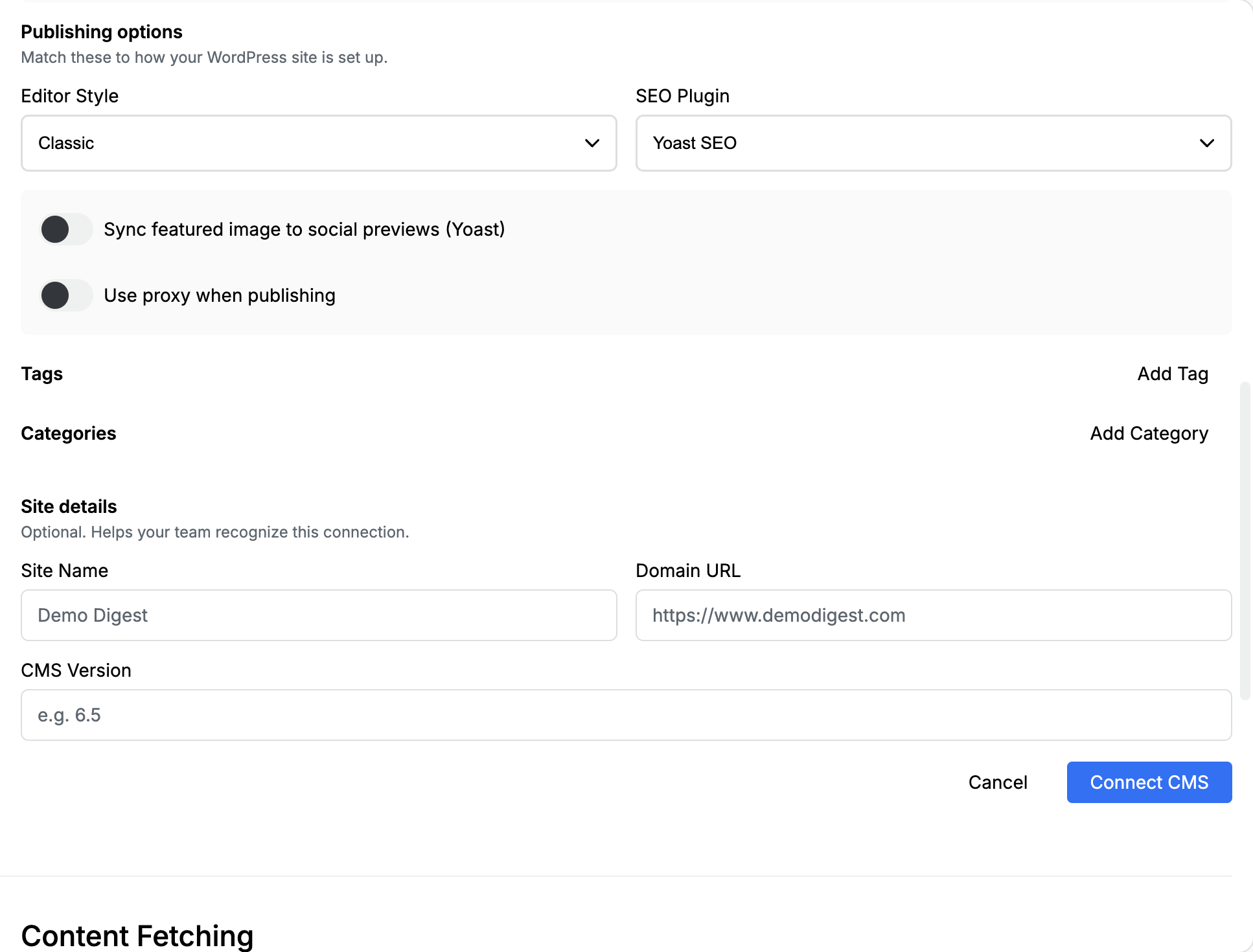 WordPress publishing options with Classic editor, Yoast SEO, the social-preview toggle, proxy toggle, and default tags
