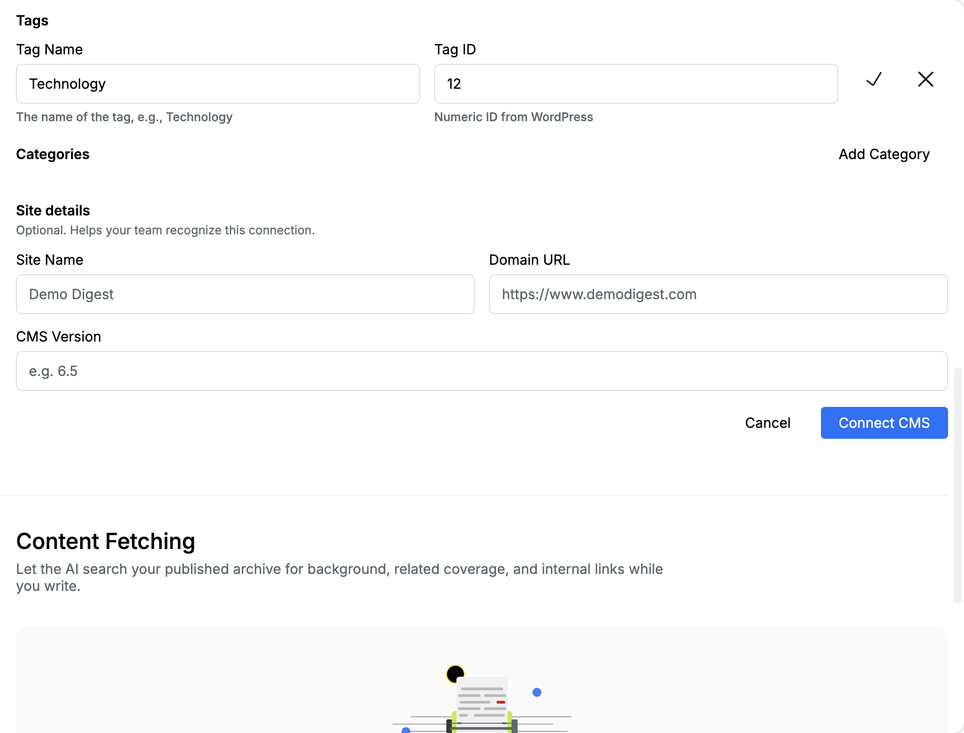 Default tag editor with Tag Name Technology, Tag ID 12, Categories, and optional Site Name, Domain URL, and CMS Version