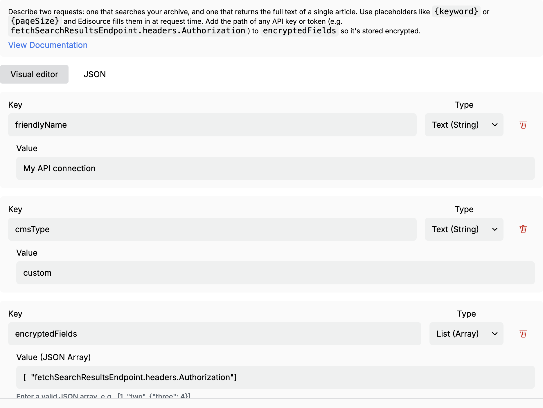 Custom API visual editor with friendlyName, cmsType, and encryptedFields rows