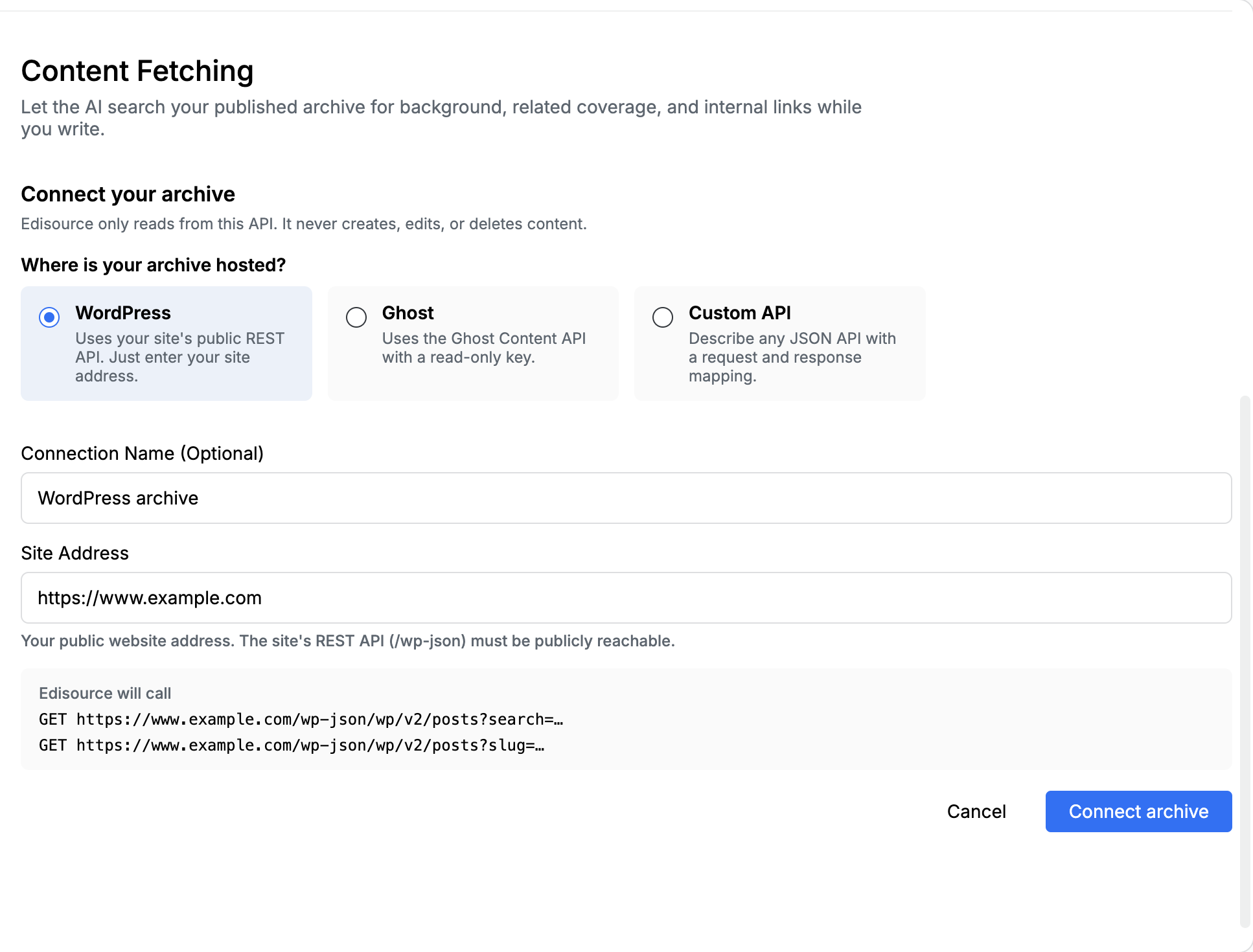 Content Fetching WordPress preset with site address and the two GET preview URLs
