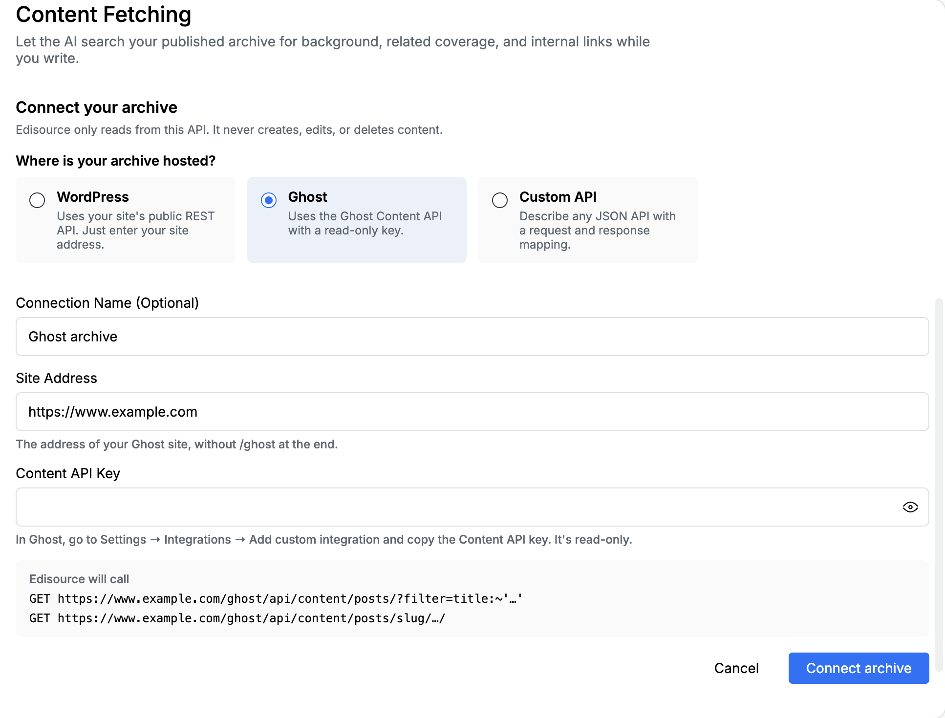 Content Fetching Ghost preset with site address, Content API Key, and the two GET preview URLs